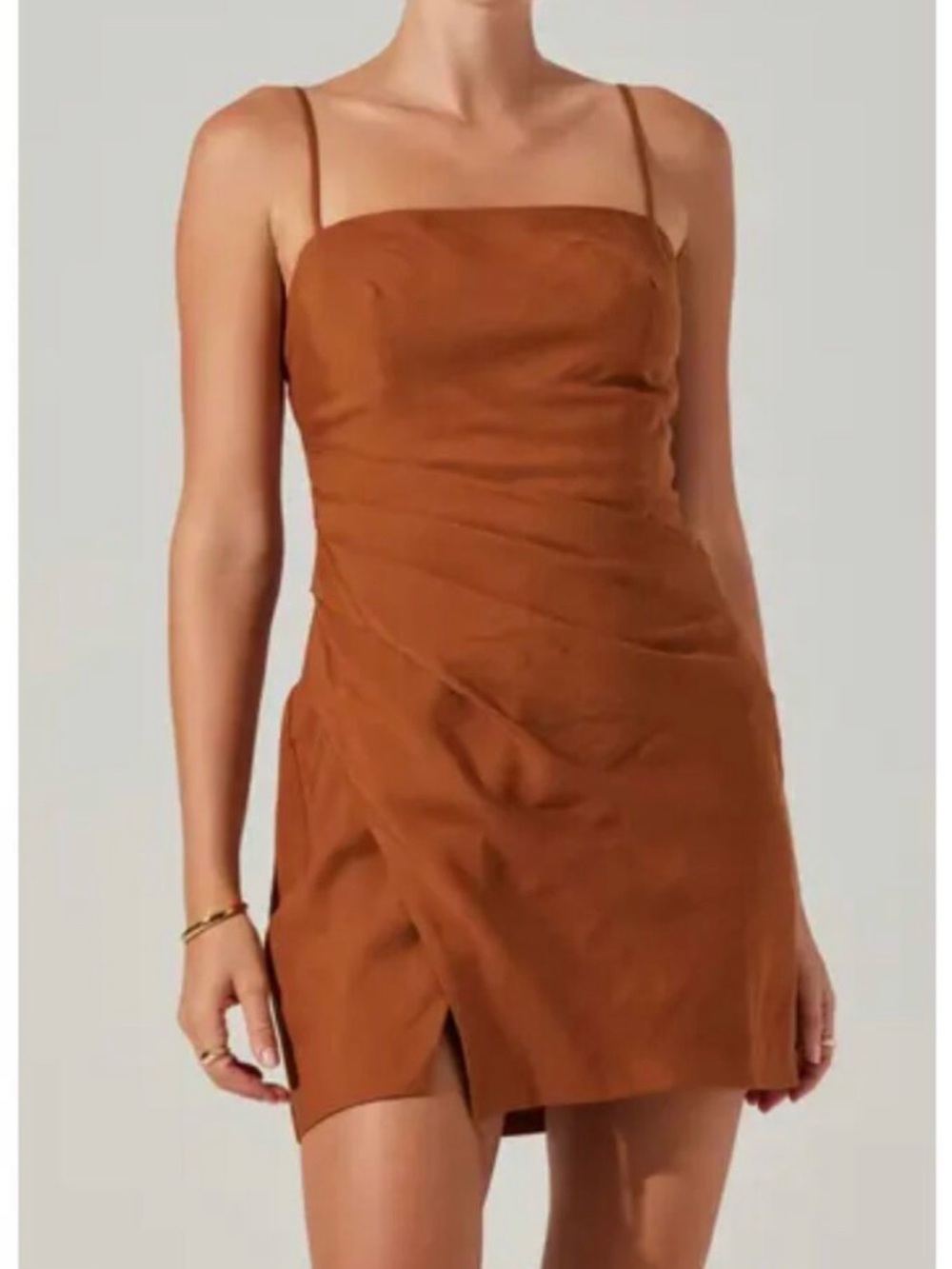 ASTR Isadora Pleated Rust-Brown Spaghetti Strap Mini Dress - Picture 2 of 6